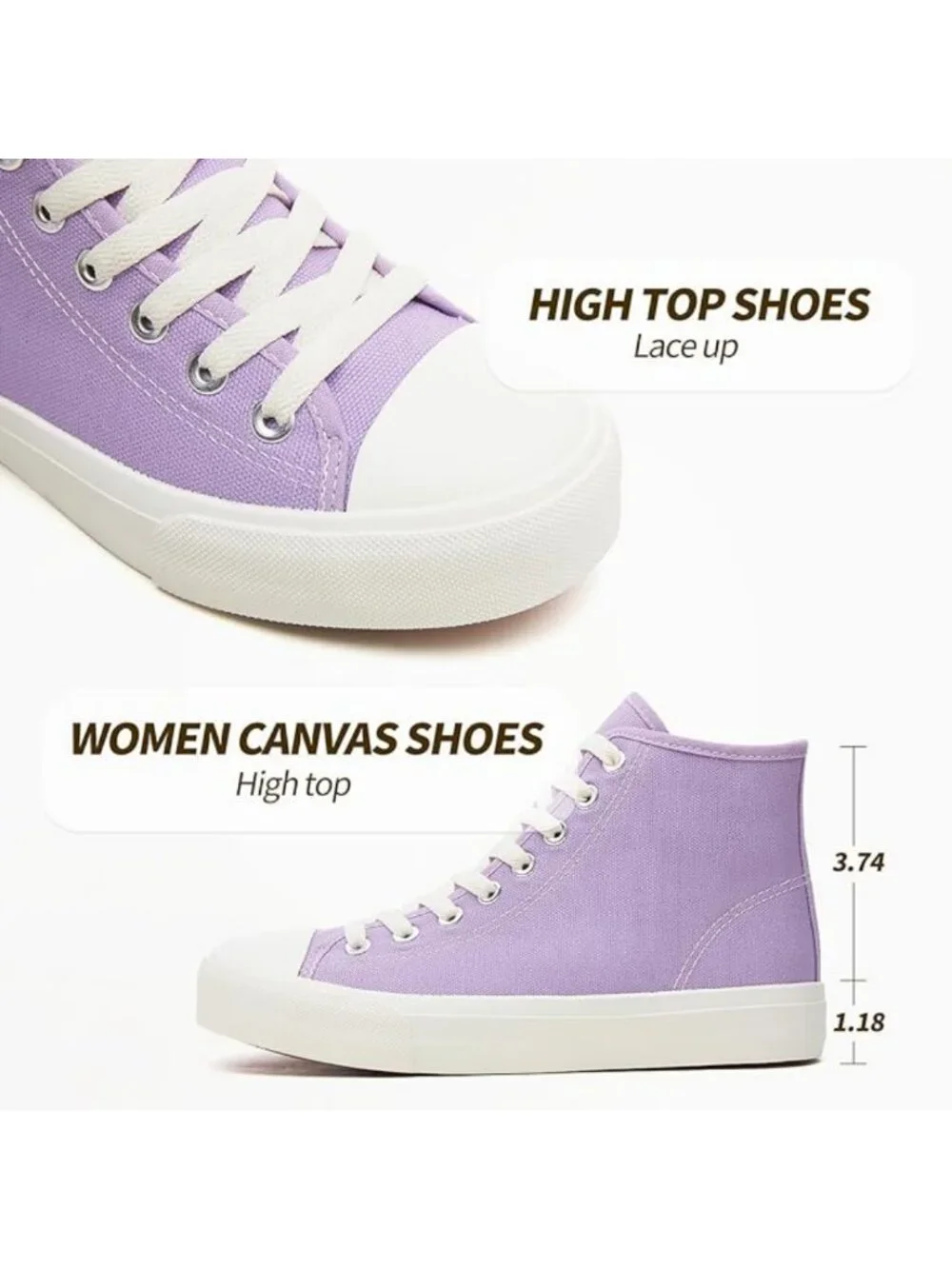 Women's Light Purple High Top Canvas Casual Lace Up Fashion Sneakers Shoes - Picture 5 of 6